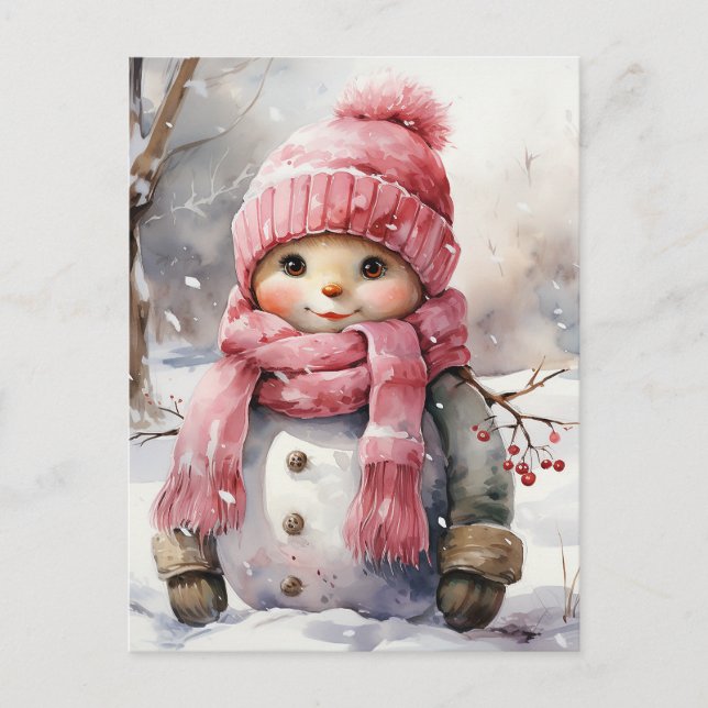 Niedlich rosa Snowman Feiertagspostkarte (Vorderseite)