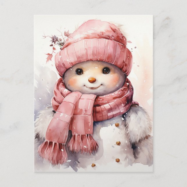 Niedlich rosa Snowman Feiertagspostkarte (Vorderseite)