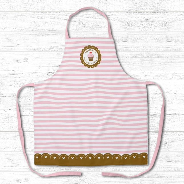 Niedlich-rosa-Streifen Schürze (A cute pink and white striped bakery apron decorated with a cupcake. Personalize it with your name!)