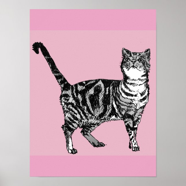 Niedlich rosa Streifen Tablette Katze Plakat Kunst (Vorne)
