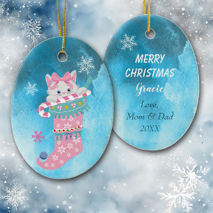 Niedlich rosa Strumpf Kitten mit Candy Cane Keramik Ornament