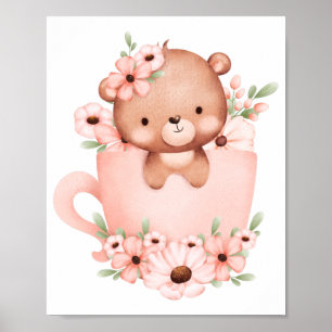 Niedlich rosa Teddybär in einer Tasse mit Blume Poster
