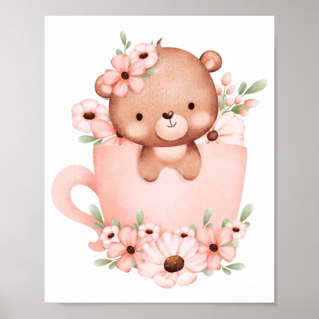 Niedlich rosa Teddybär in einer Tasse mit Blume Poster (Vorne)