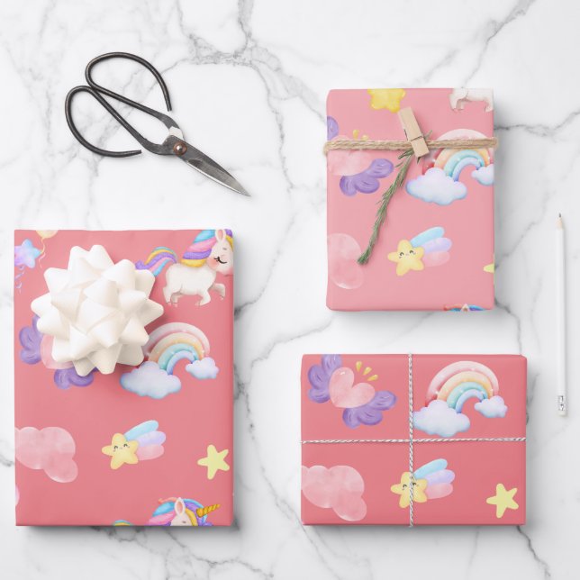 Niedlich rosa, unicorone Regenbogen Balloon Muster Geschenkpapier Set (Vorderseite)