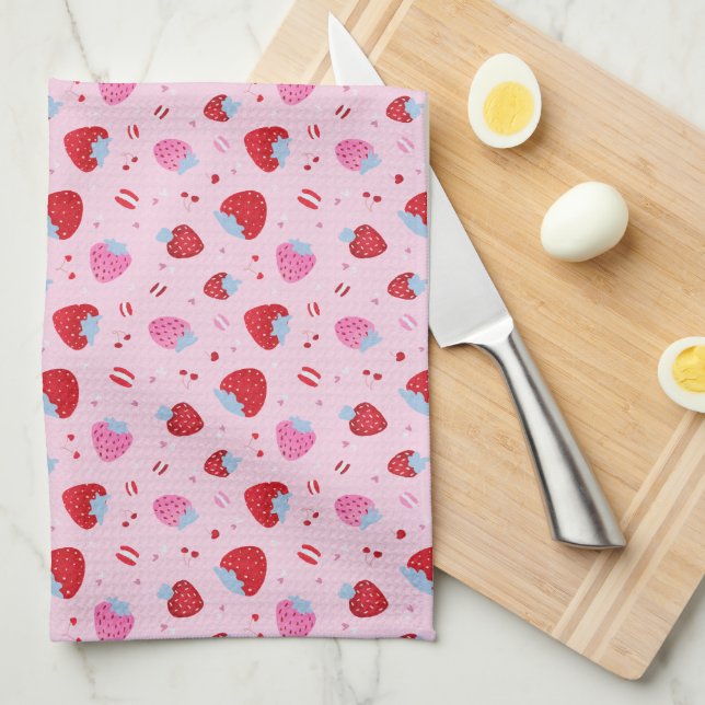 Niedlich rosa Valentine mit süßen Erdbeeren Kirsch Geschirrtuch (Viertel Falte)