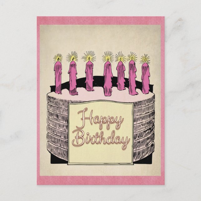 Niedlich Rosa Vintag Happy Birthday Cake Candles Postkarte (Vorderseite)