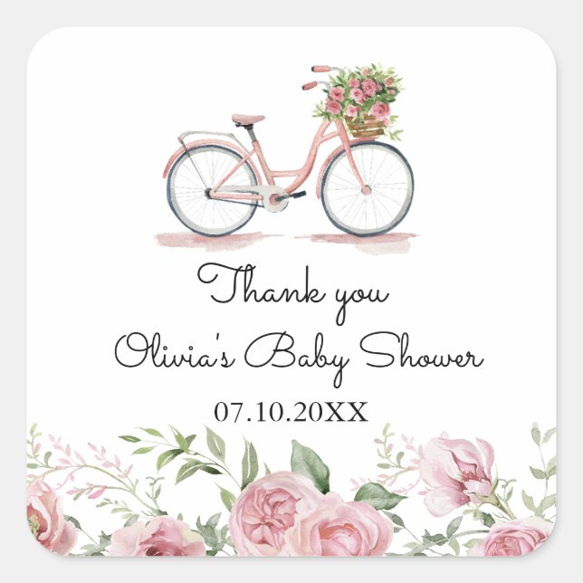 Niedlich rosa Vintage Bicycle Girl Kinderdusche Quadratischer Aufkleber (Vorderseite)