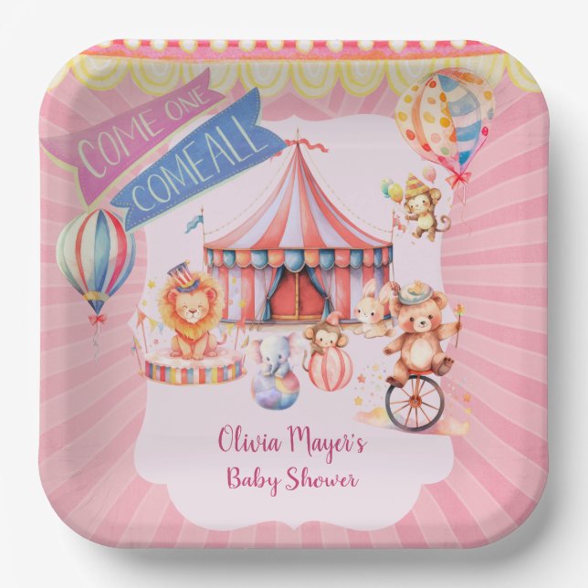 Niedlich rosa Vintage Karneval Circus Kinderdusche Pappteller (Vorderseite)