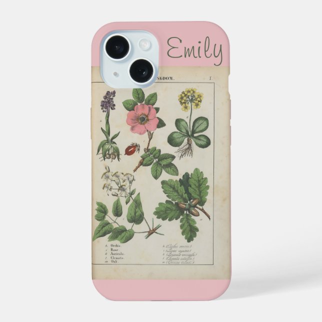 Niedlich rosa Vintage Wildblume Personalisiert iPhone 15 Hülle (Rückseite)