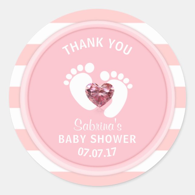 Niedlich rosa weiße Streifen Kinderdusche/Sprinkle Runder Aufkleber (Vorderseite)