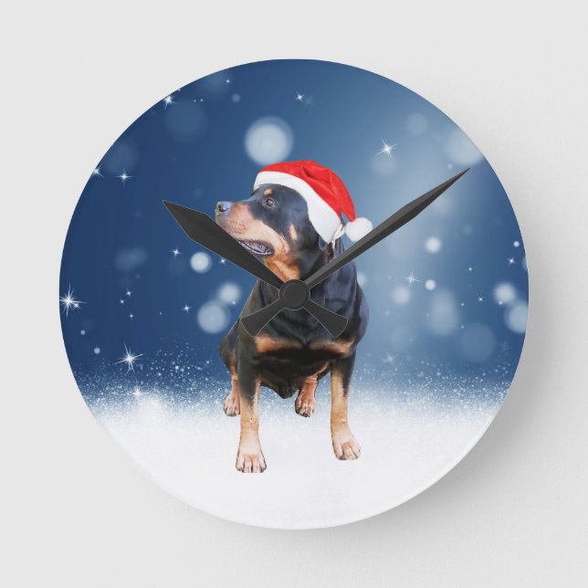 Niedlich Rottweiler Hund Weihnachten Weihnachtsman Runde Wanduhr (Vorderseite)