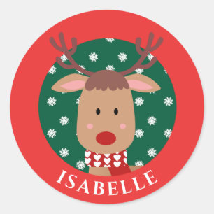 Niedlich Rudolph Reindeer Christmas Red Green Clas Runder Aufkleber