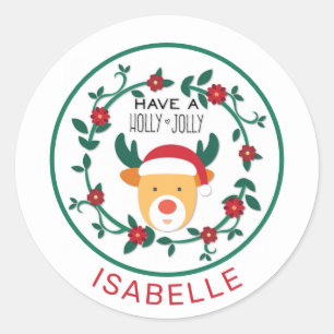 Niedlich Rudolph Reindeer Holly Jolly Weihnachten Runder Aufkleber