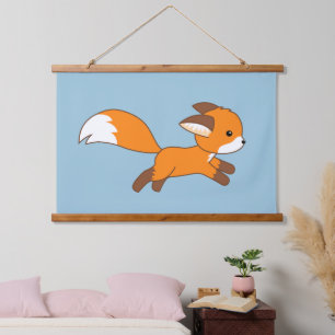 Niedlich Running Fox auf blau Wandteppich Mit Holzrahmen
