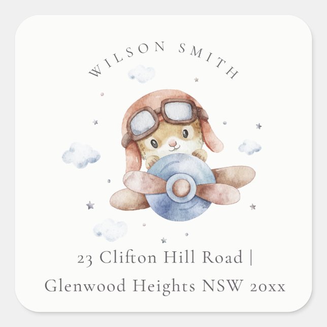 Niedlich Rust Navy Flugzeug Teddy Cloud Stars Sky- Quadratischer Aufkleber (Vorderseite)