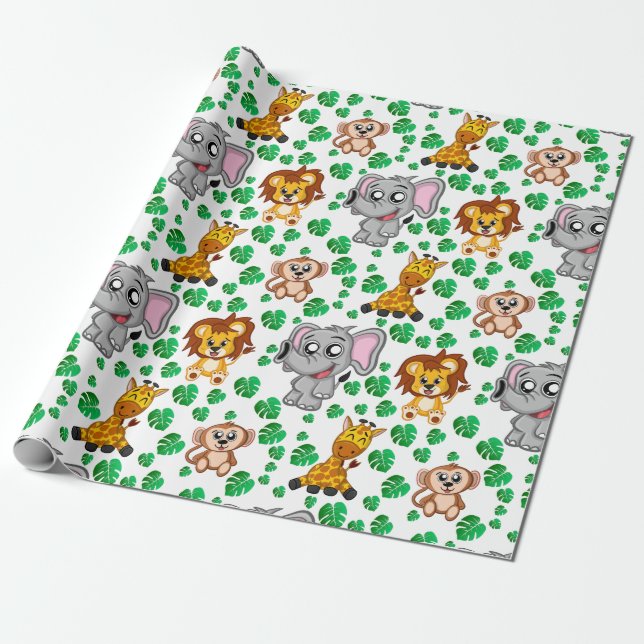 Niedlich Safari Animal Cartoon Jungle Patches Gebu Geschenkpapier (Ungerollt)