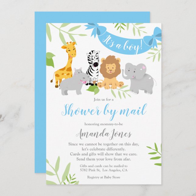 Niedlich Safari Animals Baby Shower Boy Einladung (Vorne/Hinten)