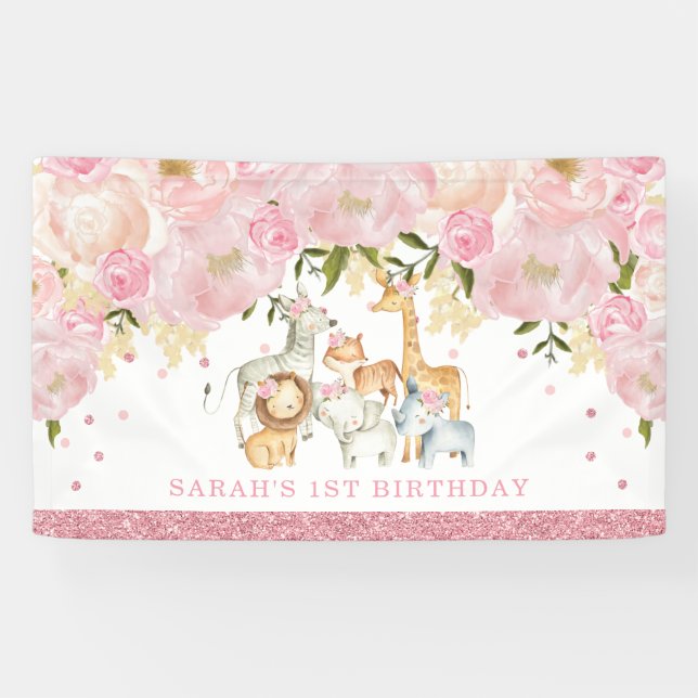 Niedlich Safari Baby Animes Rose Gold Blush Floral Banner (Horizontal)