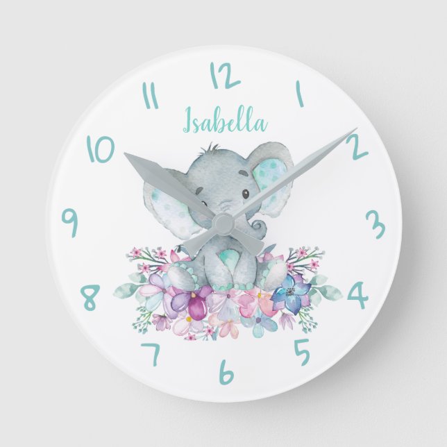 Niedlich Safari Elephant Floral Watercolor Runde Wanduhr (Vorderseite)