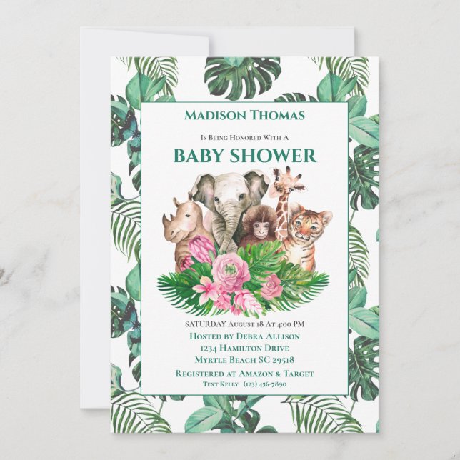 Niedlich Safari Jungle Animals Baby Dusche Einladung (Vorderseite)