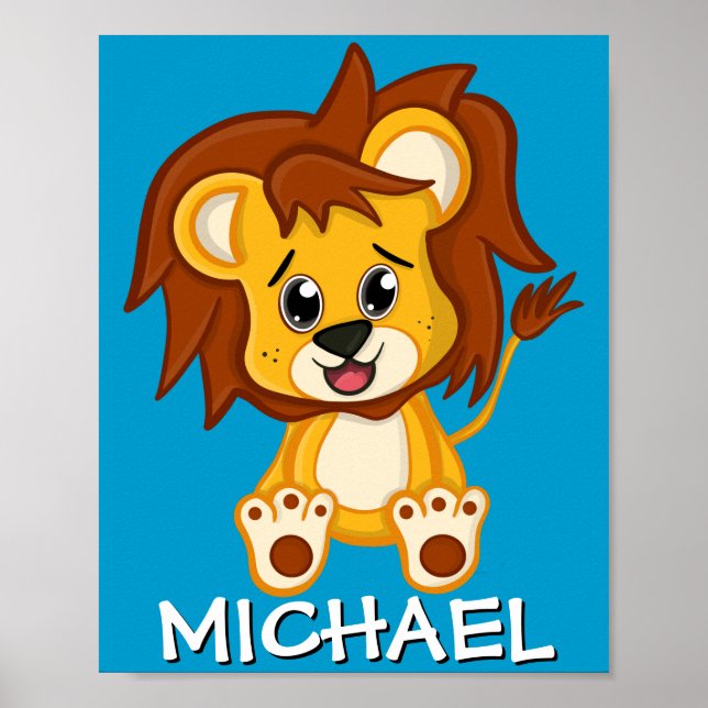 Niedlich Safari Lion Cartoon Jungle Name Blauer Zo Poster (Vorne)