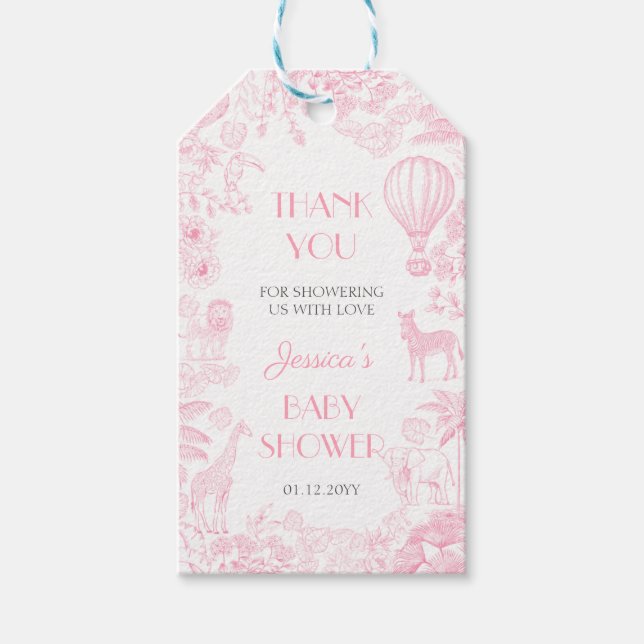 Niedlich Safari Pink de Jouy Blue Baby Dusche Geschenkanhänger (Vorderseite)