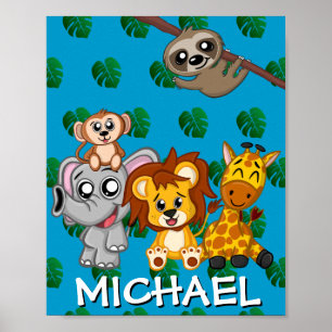Niedlich Safari Tiere Cartoon Jungle Name Blau Poster