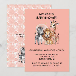 Niedlich Safari Tiere Pink Florals Girl Baby Dusch Einladung