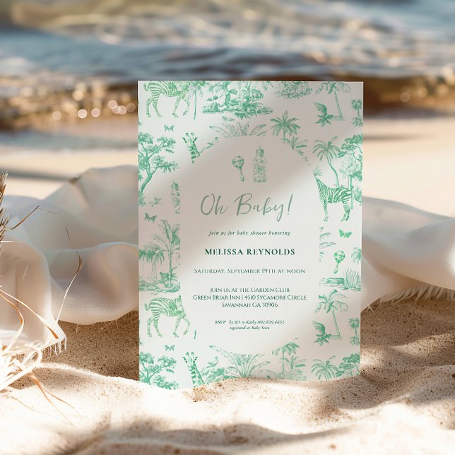 Niedlich Safari Toile de Jouy | Green Baby Dusche Einladung (Von Creator hochgeladen)