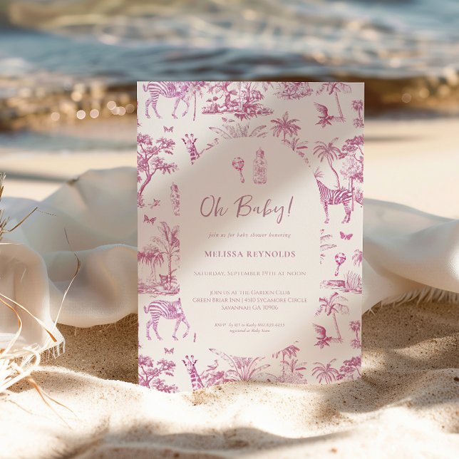 Niedlich Safari Toile de Jouy | Pink Baby Dusche Einladung (Von Creator hochgeladen)