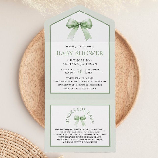 Niedlich Sage Green Coquette Bow Baby Dusche All In One Einladung (Von Creator hochgeladen)