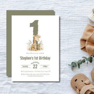 Niedlich Sage Green Giraffe 1. Geburtstag Party Einladung