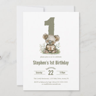 Niedlich Sage Green Koala Bear 1. Geburtstag Party Einladung