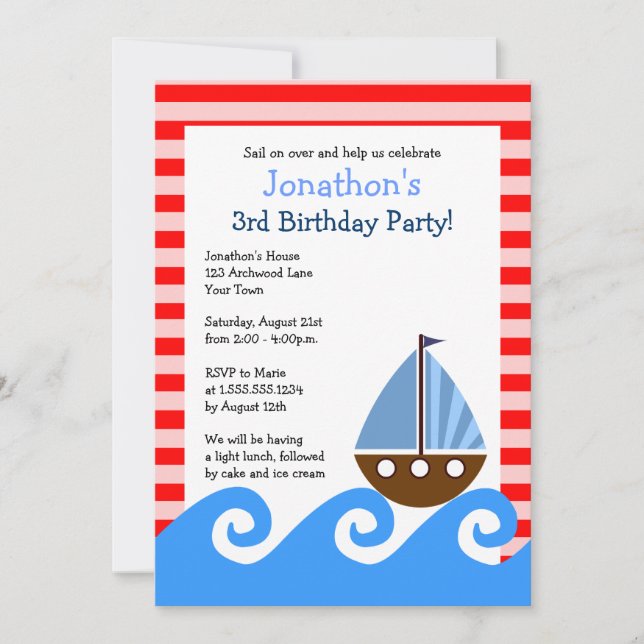 Niedlich Sailboat Red and Blue Birthday Einladung  (Vorderseite)