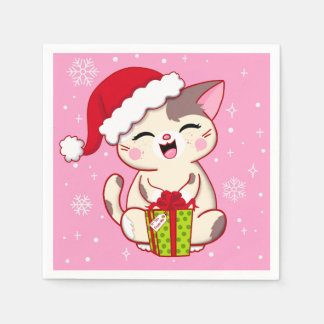 Niedlich Santa Kitty Pink Weihnachts-Party Napkins Serviette