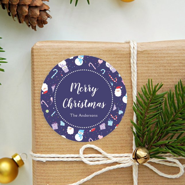 Niedlich Santa Snowman Candy Cane Weihnachtsmuster Runder Aufkleber (Von Creator hochgeladen)