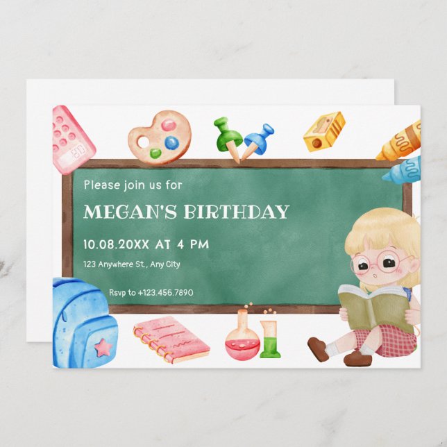 Niedlich School Girl Chalkboard Geburtstag Einladung (Vorne/Hinten)