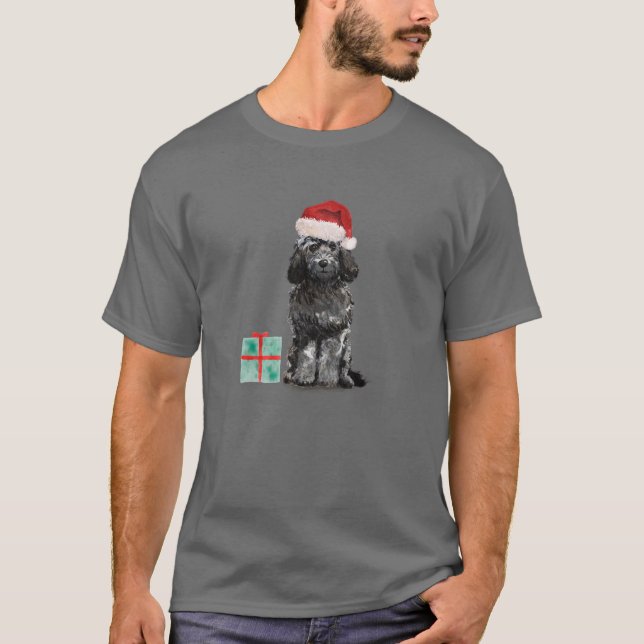 Niedlich Schwarz-Weiß-Cockapoo Welpe Weihnachtsman T-Shirt (Vorderseite)
