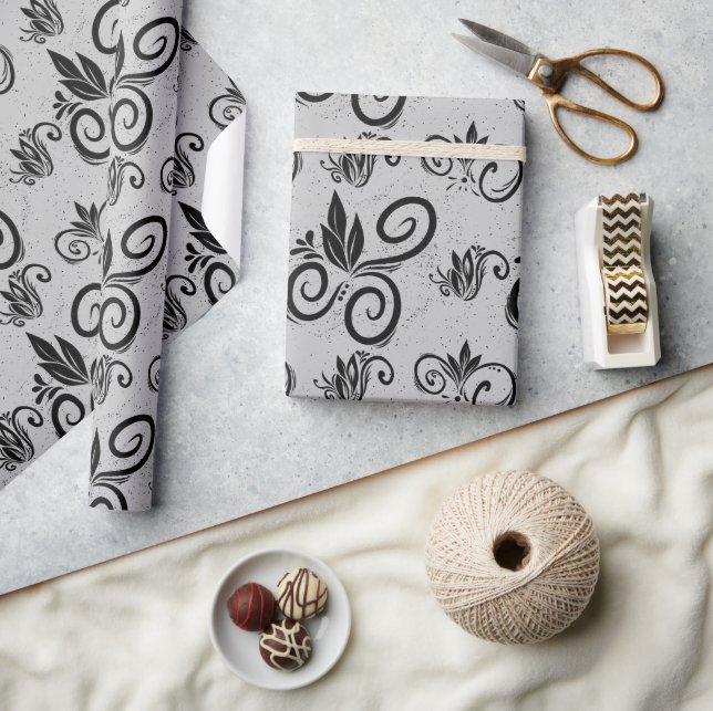 Niedlich Schwarzes, Vintages Muster, leicht Grau Geschenkpapier (Basteln)