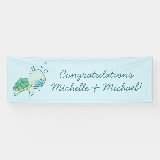 Niedlich Sea Turtle Baby Shower Kawaii Blue Boy Banner (Horizontal)