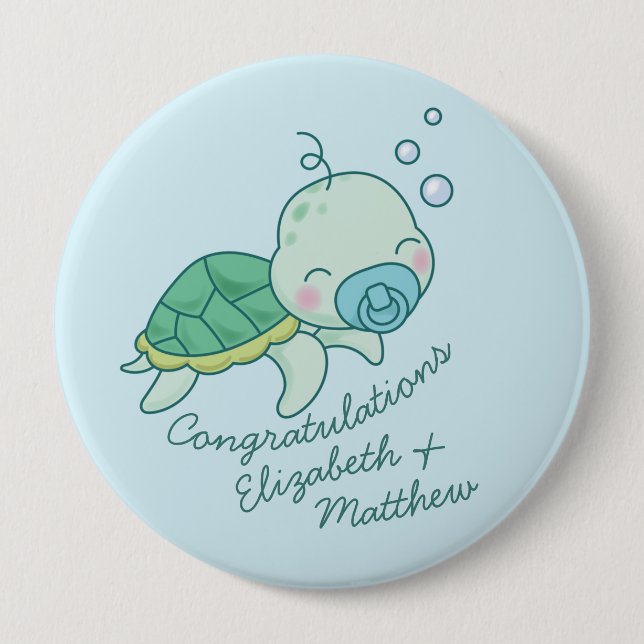 Niedlich Sea Turtle Baby Shower Kawaii Blue Boy Button (Vorderseite)
