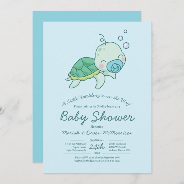 Niedlich Sea Turtle Baby Shower Kawaii Blue Boy Einladung (Vorne/Hinten)