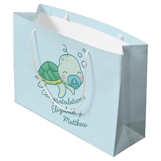 Niedlich Sea Turtle Baby Shower Kawaii Blue Boy Große Geschenktüte (Rückseite Schrägansicht)