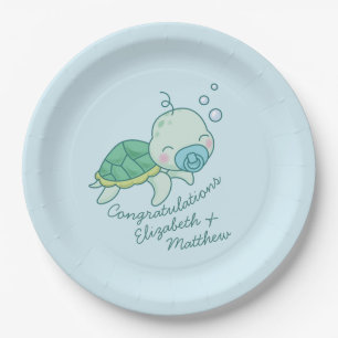 Niedlich Sea Turtle Baby Shower Kawaii Blue Boy Pappteller