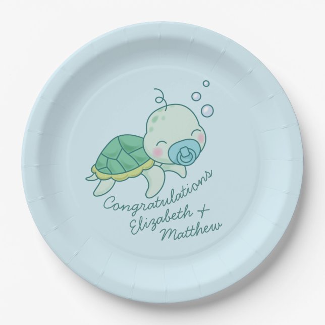Niedlich Sea Turtle Baby Shower Kawaii Blue Boy Pappteller (Vorderseite)