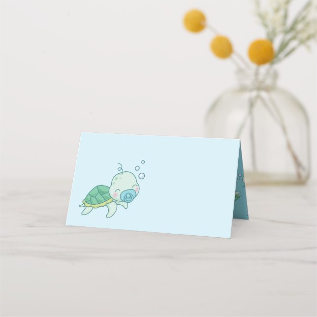 Niedlich Sea Turtle Baby Shower Kawaii Blue Boy Platzkarte (Vorderseite)