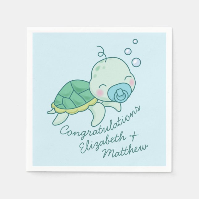 Niedlich Sea Turtle Baby Shower Kawaii Blue Boy Serviette (Vorderseite)