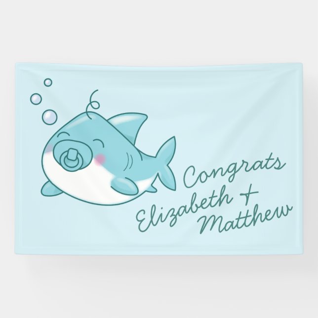 Niedlich Shark Baby Shower Kawaii Blue Boy Banner (Horizontal)