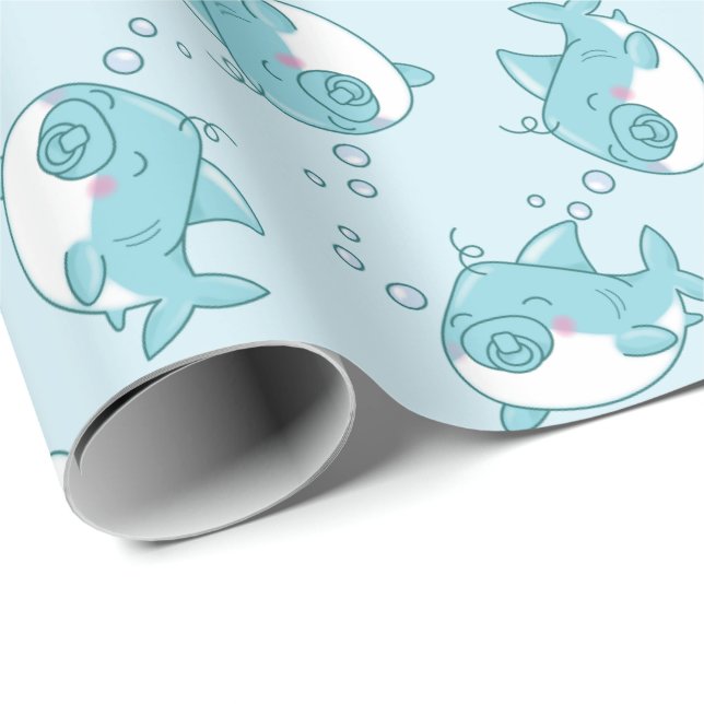 Niedlich Shark Baby Shower Kawaii Blue Boy Geschenkpapier (Rolleneckpunkt)