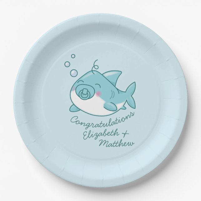 Niedlich Shark Baby Shower Kawaii Blue Boy Pappteller (Vorderseite)